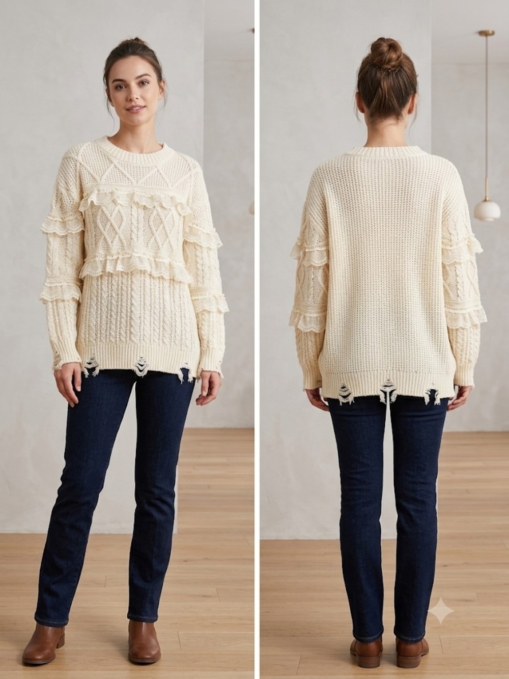 Coral Rose Cream Cable-Knit Ruffle Lace Sweater Oversized Fit